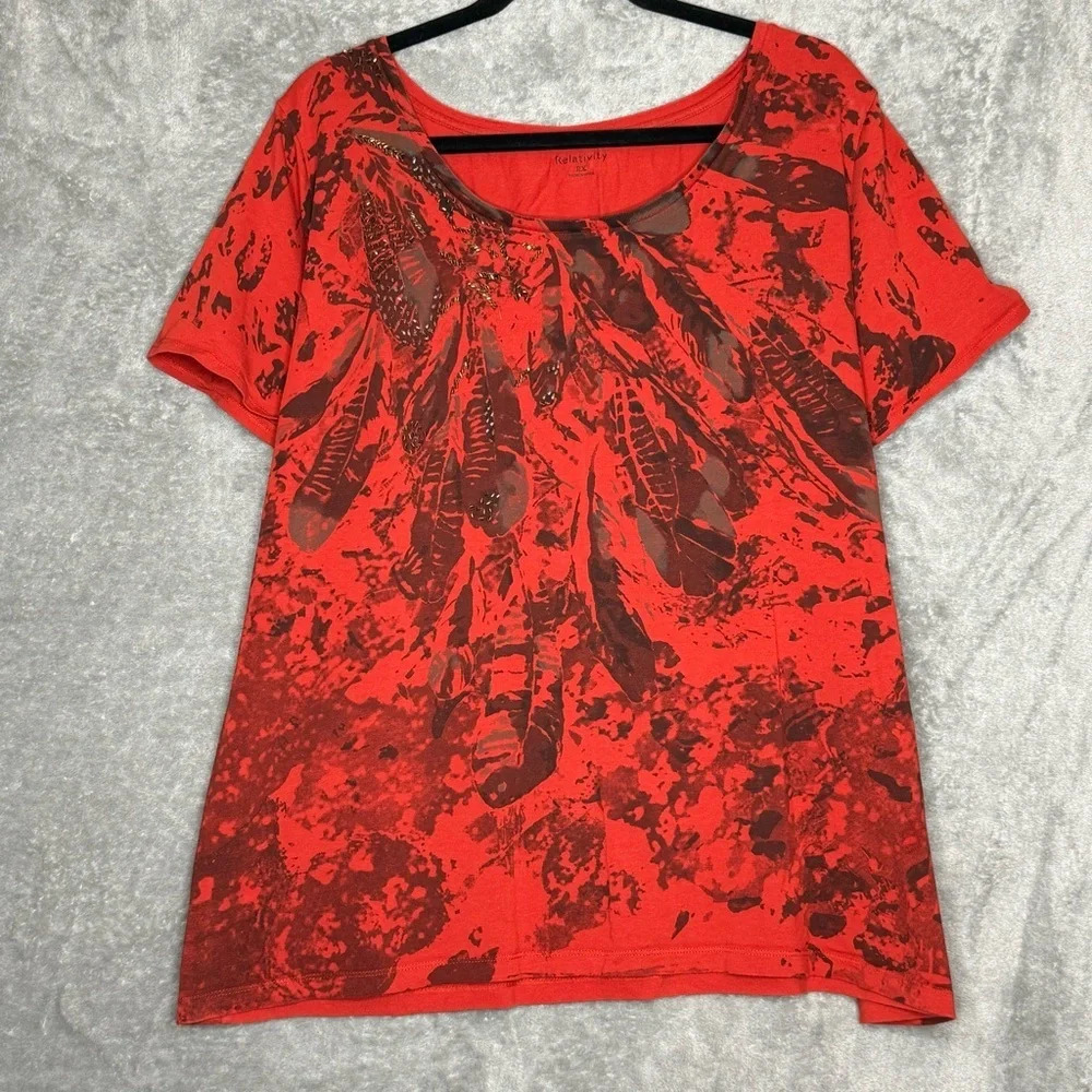 Relativity 2X Shirt Top Burnt Orange Feathers Short Sleeve Scoop Neck Stretch